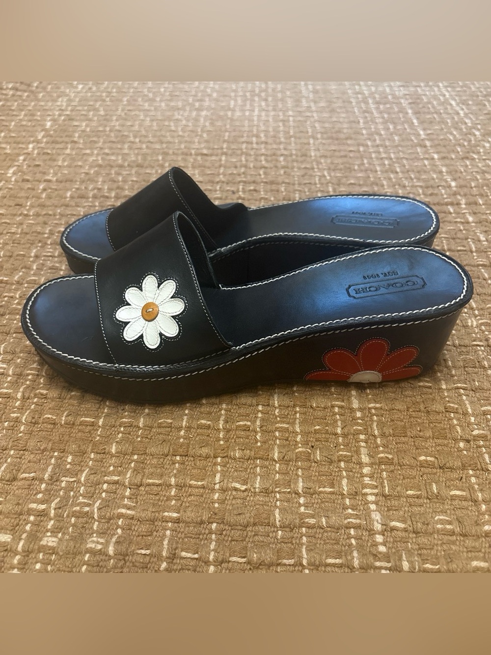 Vintage Coach Black Daisy Slide Wedge Sandals - Women